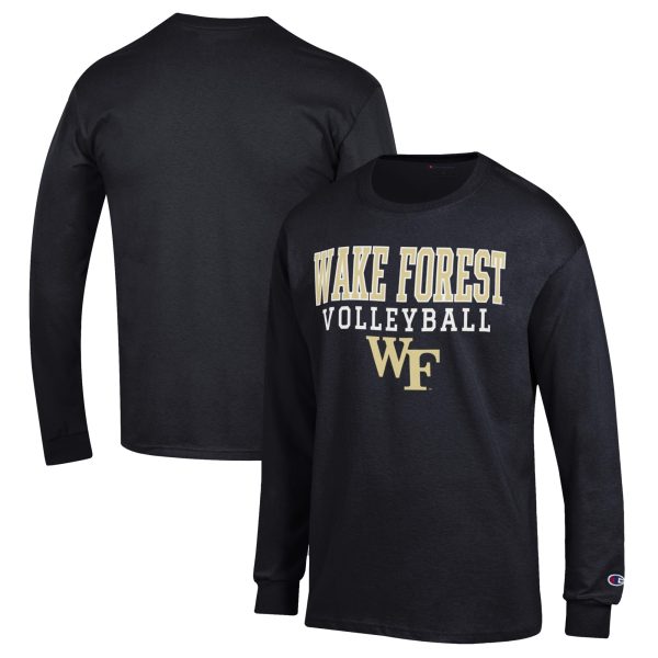 Men's Champion Black Wake Forest Demon Deacons Stack Logo Volleyball Powerblend Long Sleeve T-Shirt