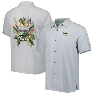 Men's Tommy Bahama Gray Wake Forest Demon Deacons Coconut Point Frondly Fan Camp IslandZone Button-Up Shirt