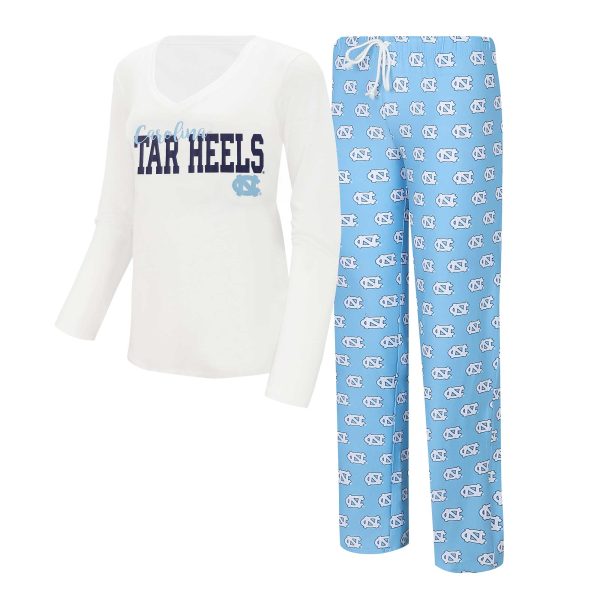 Women's Concepts Sport White/Carolina Blue North Carolina Tar Heels Long Sleeve V-Neck T-Shirt & Gauge Pants Sleep Set