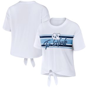 Women's WEAR by Erin Andrews White North Carolina Tar Heels Striped Front Knot Cropped T-Shirt