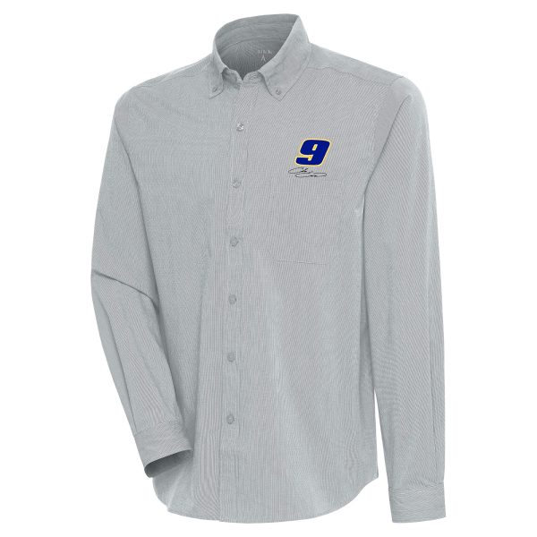 Men's Antigua Gray Chase Elliott Compression Tri-Blend Button-Down Shirt